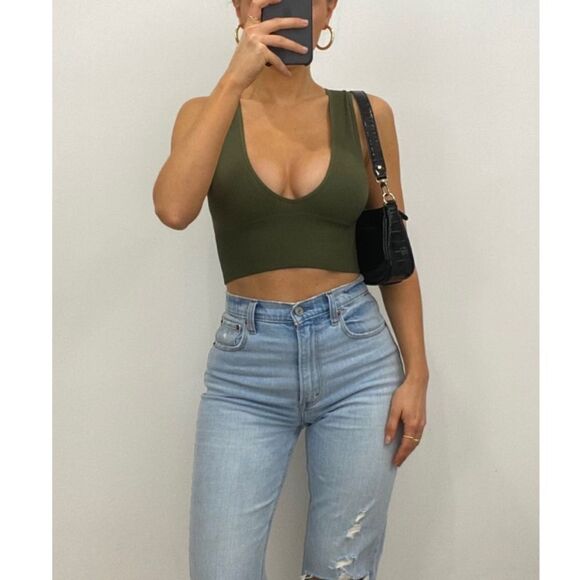 NWT Olive Green Crop Top Tank with Plunging Neckline - Picture 1 of 7